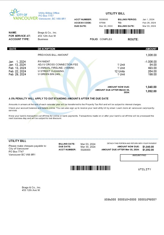 Canada British Columbia City of Vancouver business utility bill PSD template